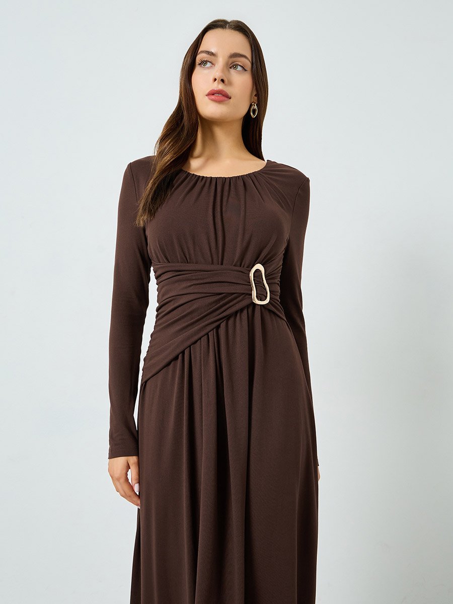 Brown Ruched Detail Long Sleeve Maxi Dress
