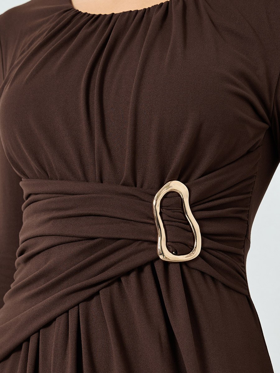Brown Ruched Detail Long Sleeve Maxi Dress