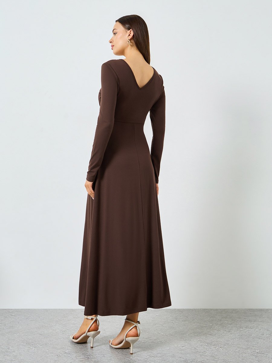 Brown Ruched Detail Long Sleeve Maxi Dress
