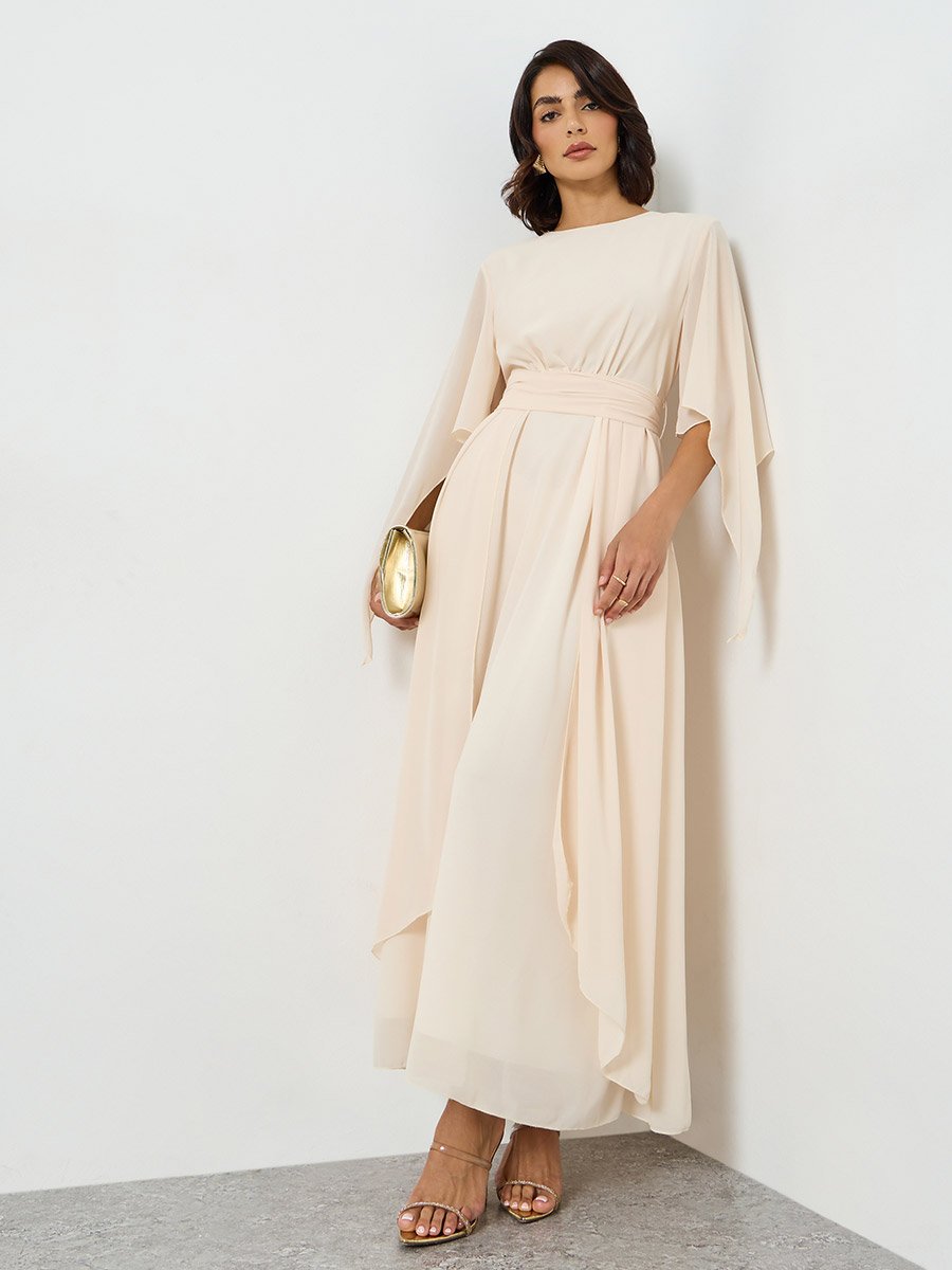 maxi dress kuwait Beige Angel Sleeve Belted Maxi Dress For Women at Kuwait