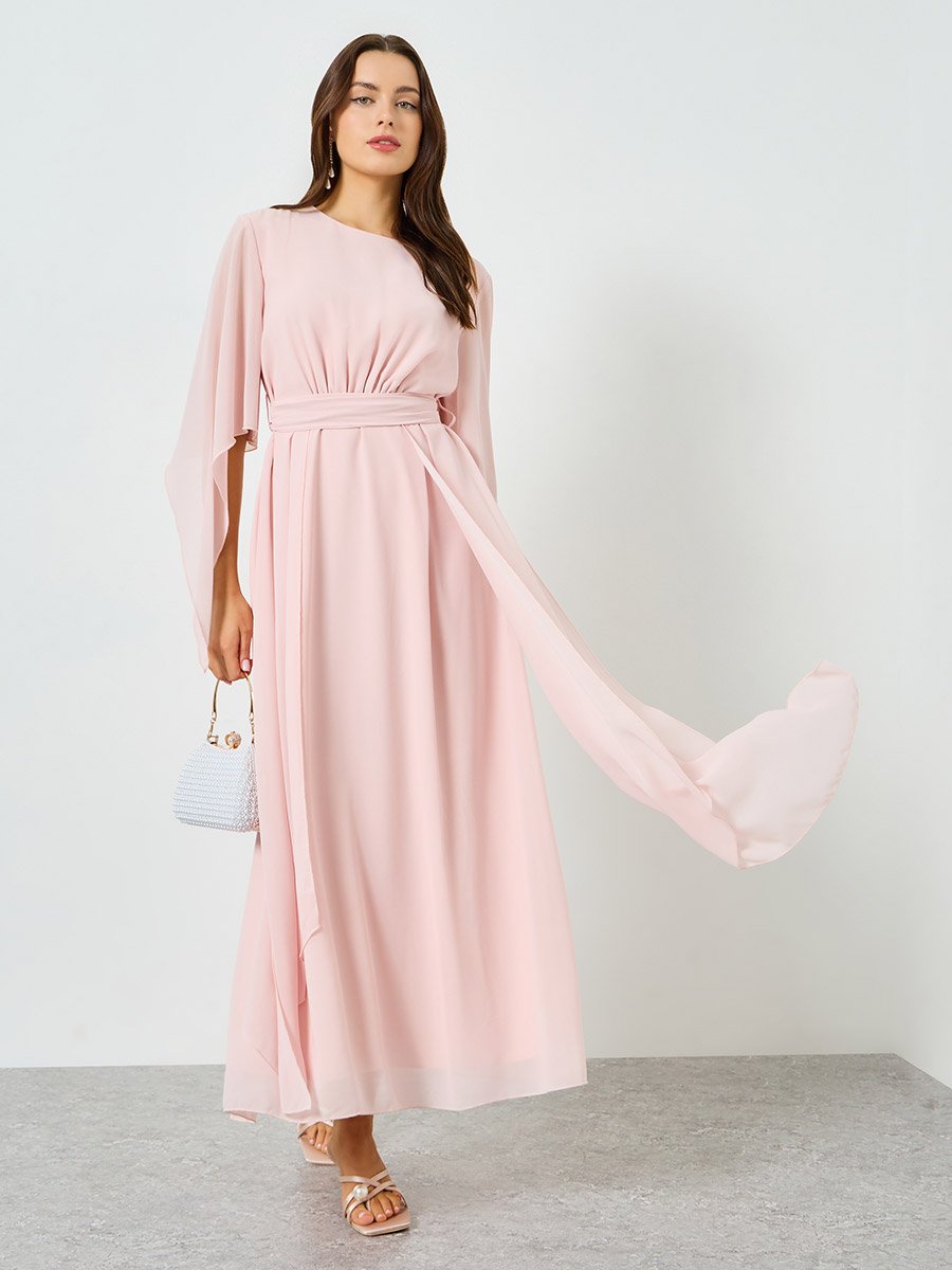 Pink Angel Sleeve Belted A-Line Maxi Dress