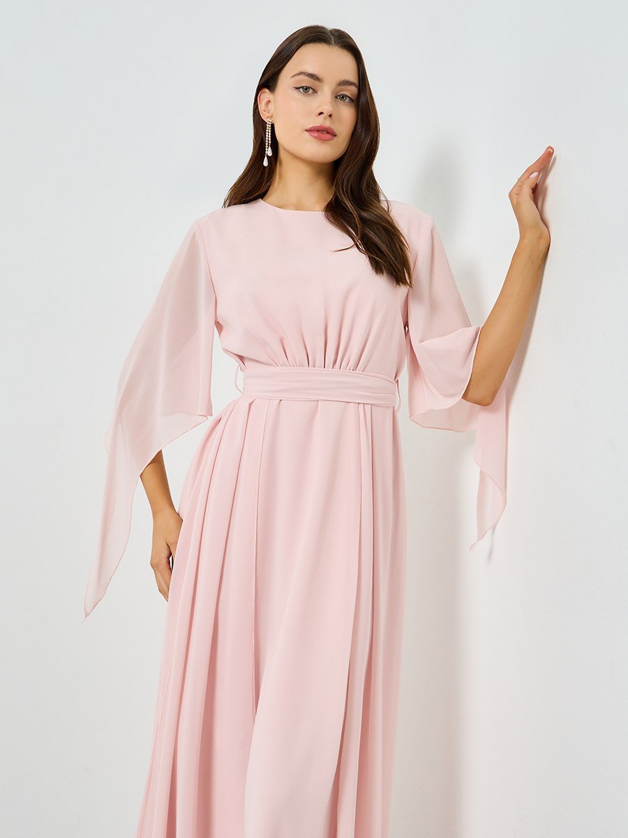 Pink Angel Sleeve Belted A-Line Maxi Dress