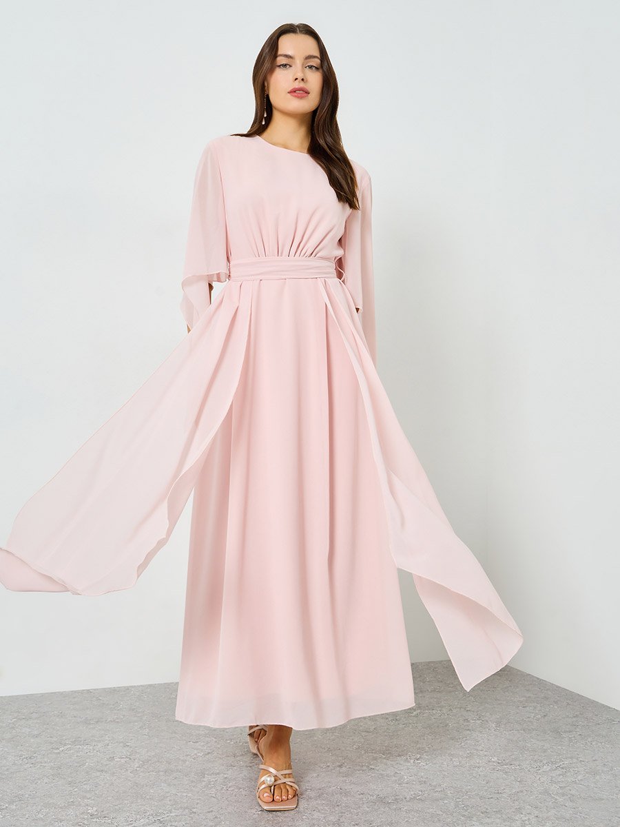 Pink Angel Sleeve Belted A-Line Maxi Dress
