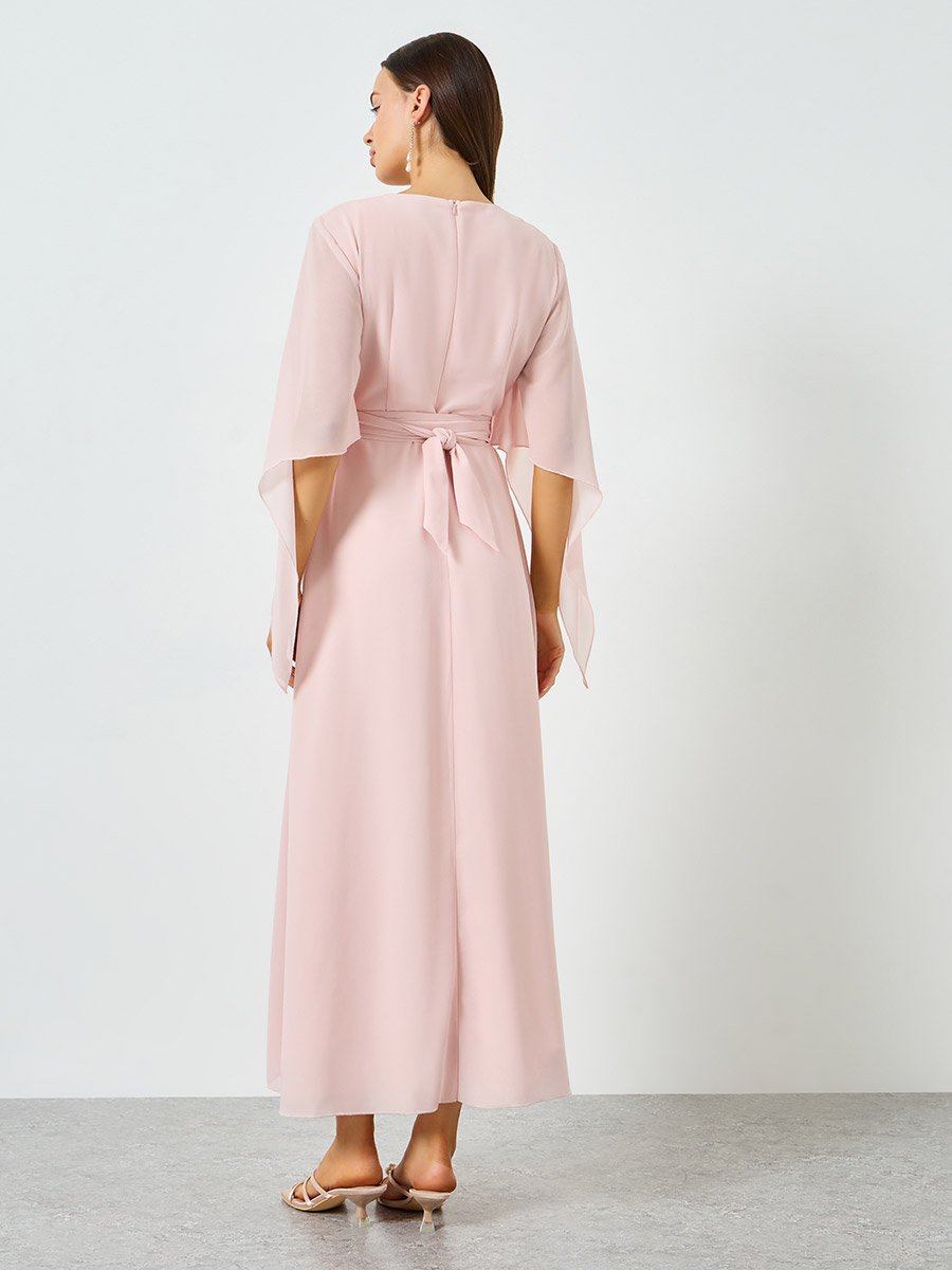 Pink Angel Sleeve Belted A-Line Maxi Dress