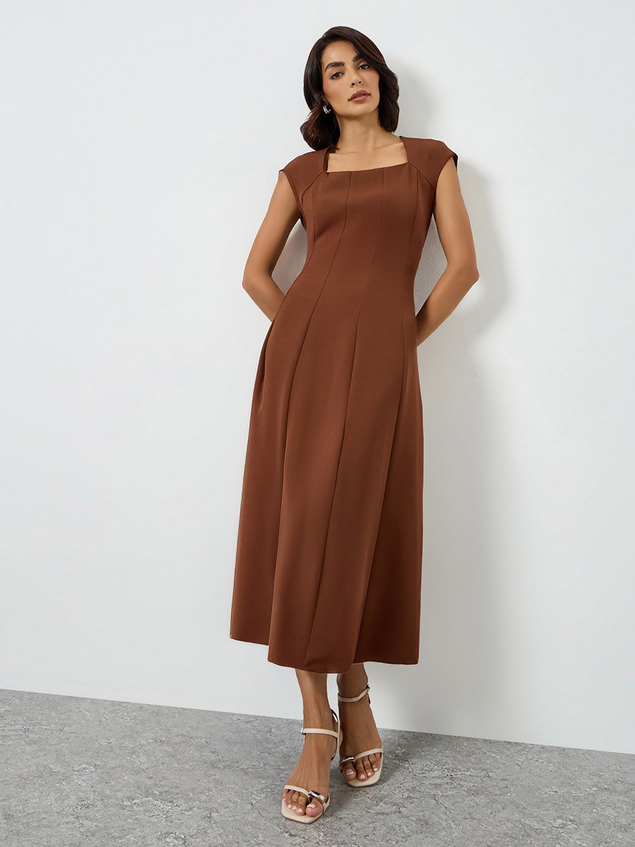 Coffee Brown Square Neck A-Line Midi Dress