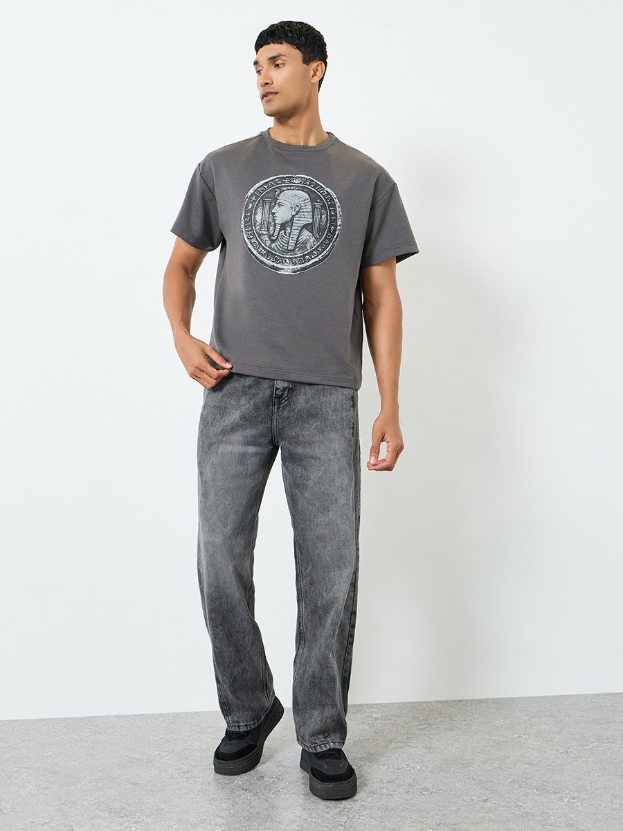 Men Grey Egyptian Graphic Print Oversized T-Shirt