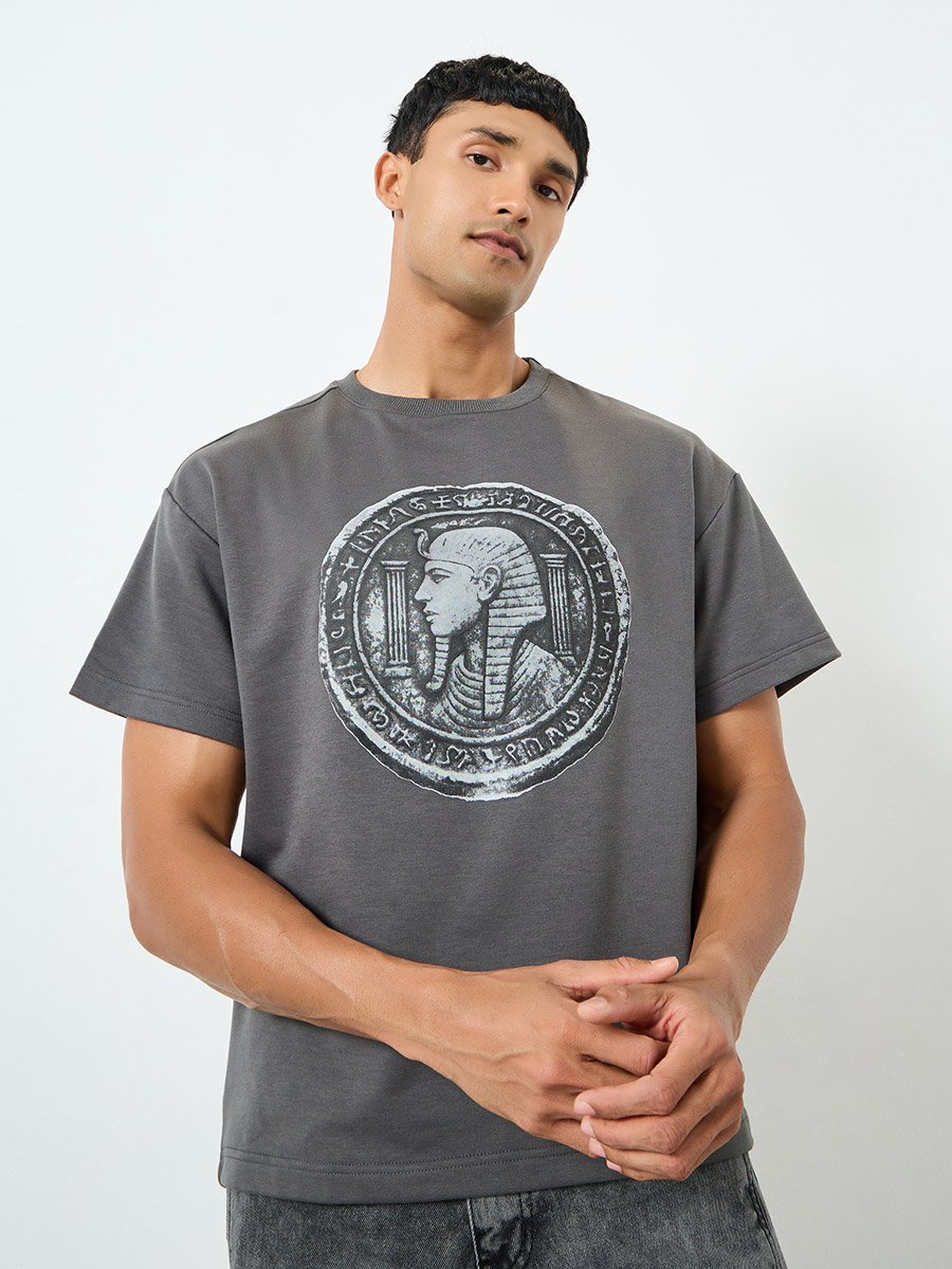 Men Grey Egyptian Graphic Print Oversized T-Shirt