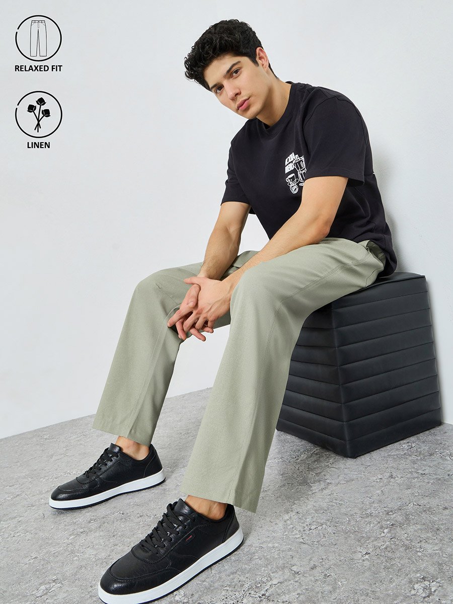 Men Grey Solid Linen Blend Relaxed Fit Trousers