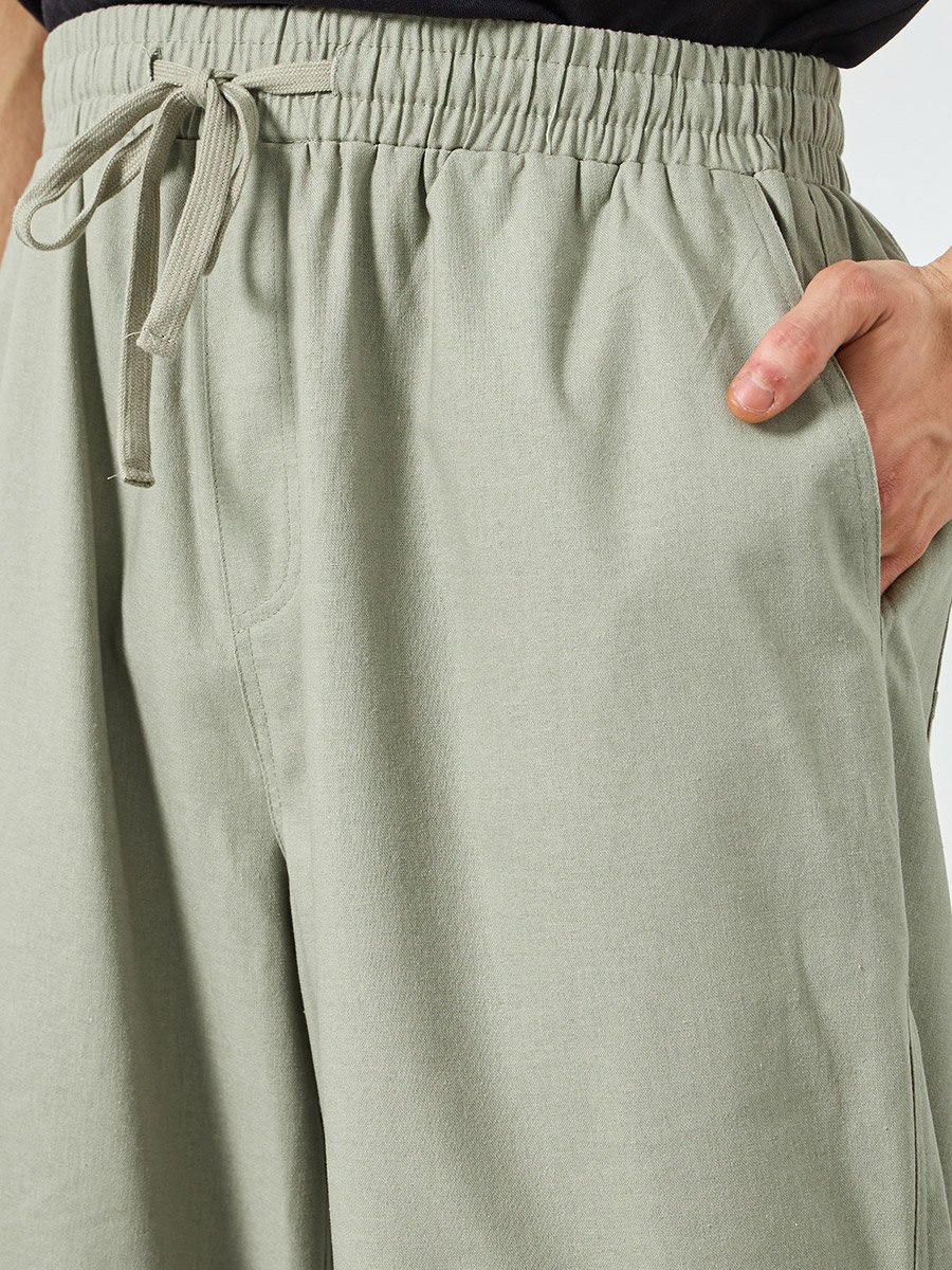 Men Grey Solid Linen Blend Relaxed Fit Trousers