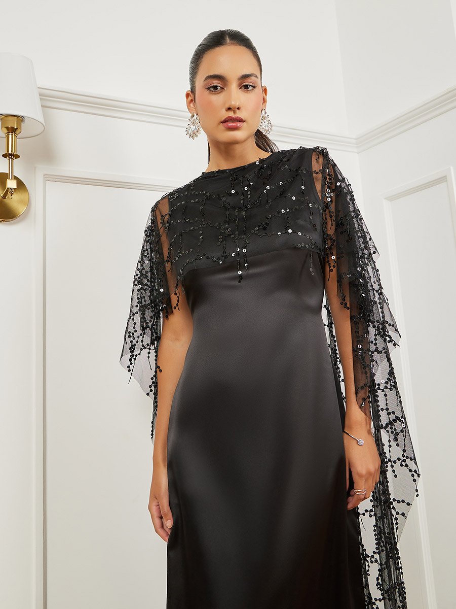 Black Embellished Cape Maxi Dress