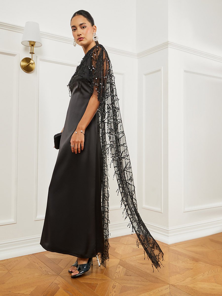 Black Embellished Cape Maxi Dress