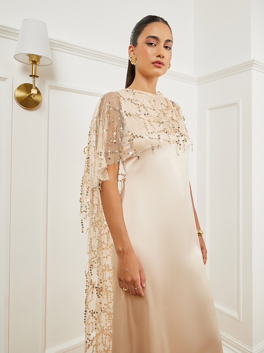 Gold Embellished Cape Maxi Dress For Women at Bahrain | Styli Gold Embellished Cape Maxi Dress For Women at Bahrain | Styli
