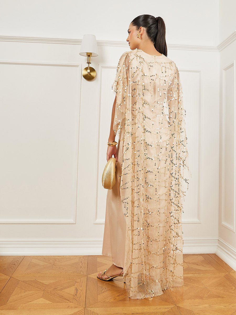 Gold Embellished Cape Maxi Dress For Women at UAE | Styli Gold Embellished Cape Maxi Dress For Women at UAE | Styli