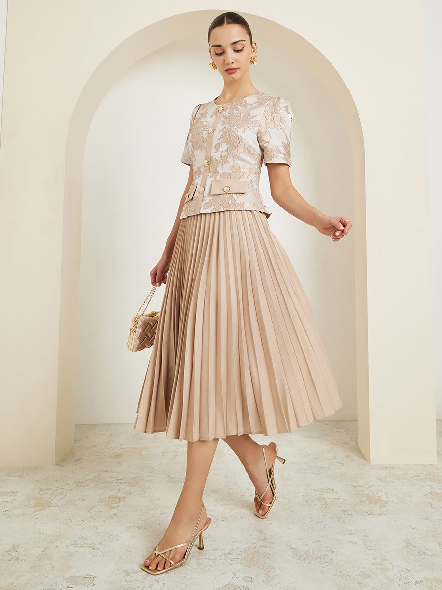 Beige Jacquard Pleated A-Line Midi Dress