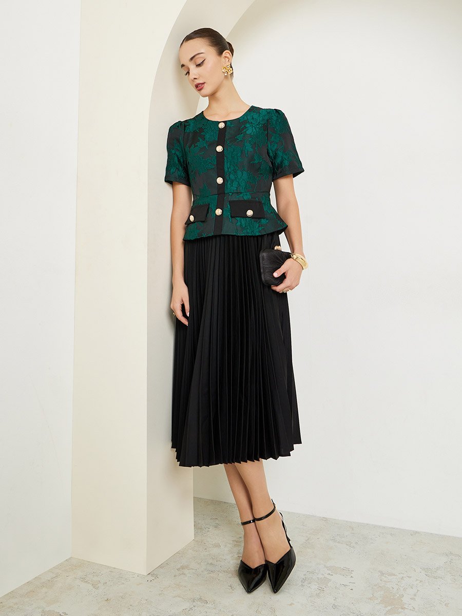 green dress with pleated skirt 1960s Jackie Kennedy green satin dress with pleated skirt Alonso made –  Cougar Vintage Shop main image 0