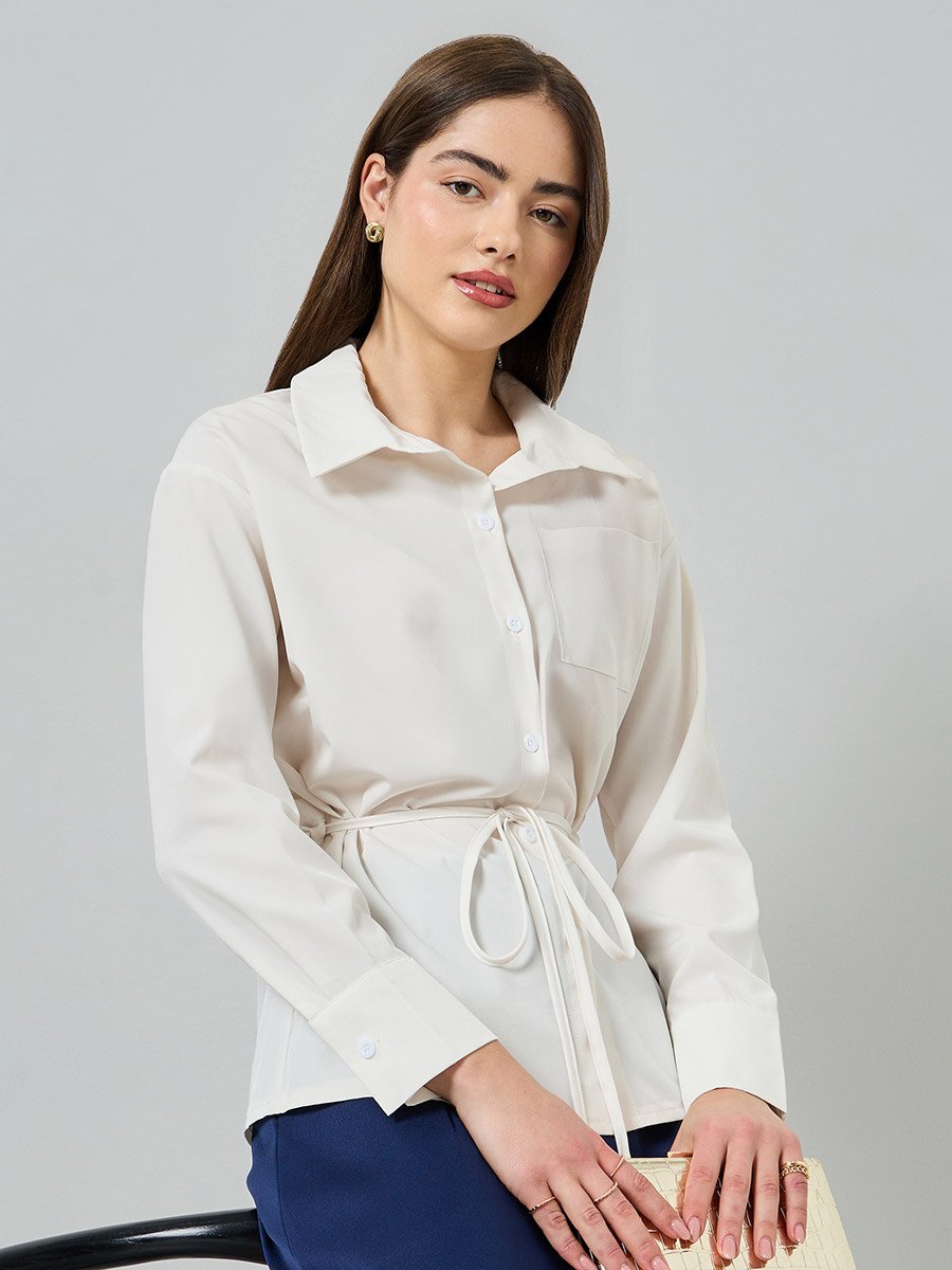Cream Long Sleeve Shirt with Tie Waist