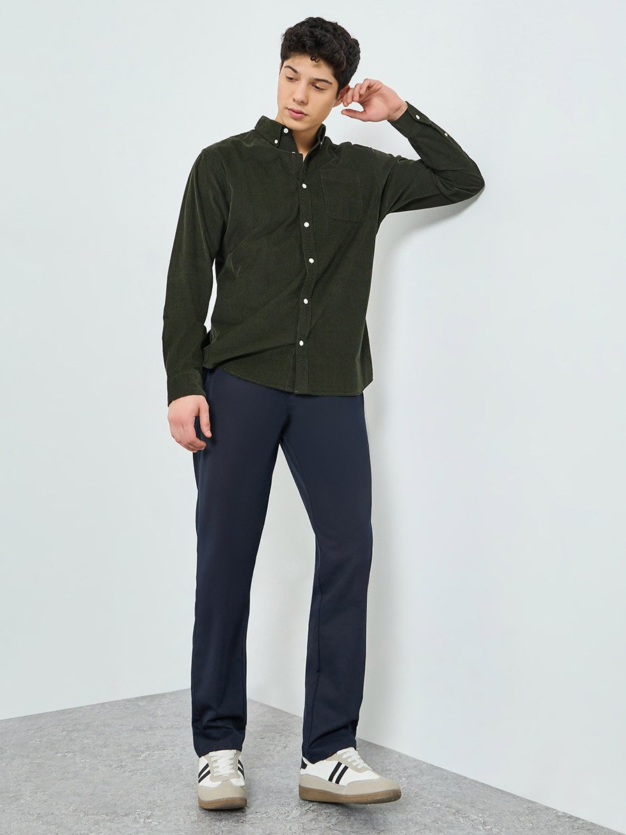 Men Navy Blue Stretch Regular Fit Trousers