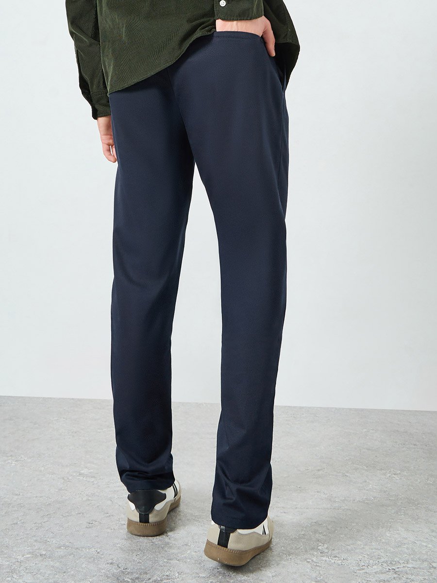 Men Navy Blue Stretch Regular Fit Trousers