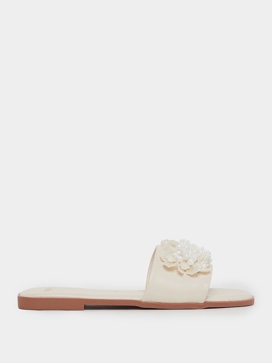 Beige Pearl Embellished Flat Sandals