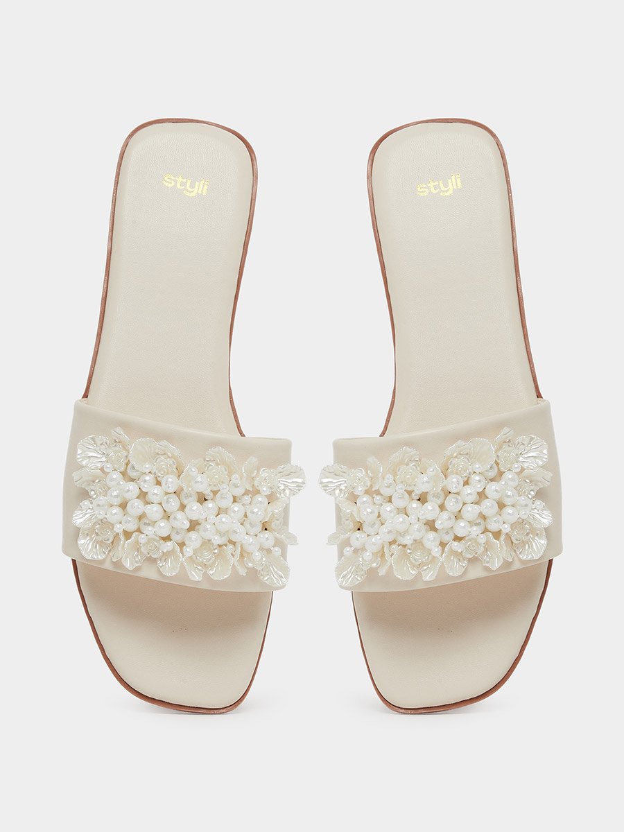Beige Pearl Embellished Flat Sandals