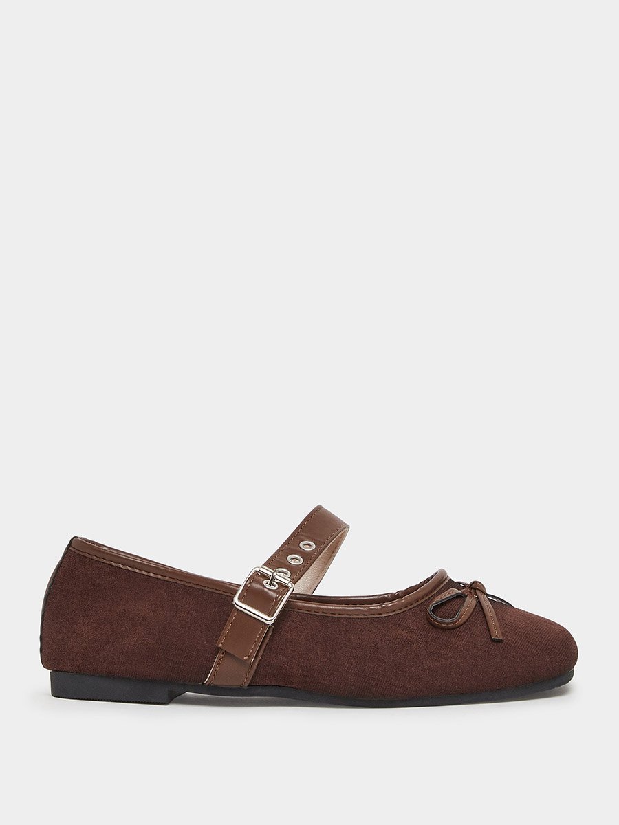 Brown Square Toe Suede Look Ballerinas