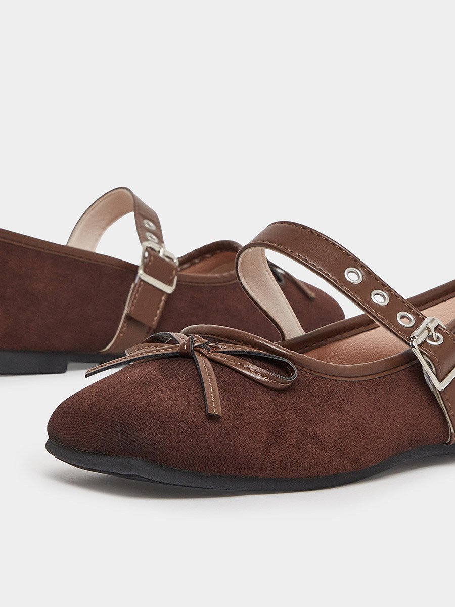 Brown Square Toe Suede Look Ballerinas