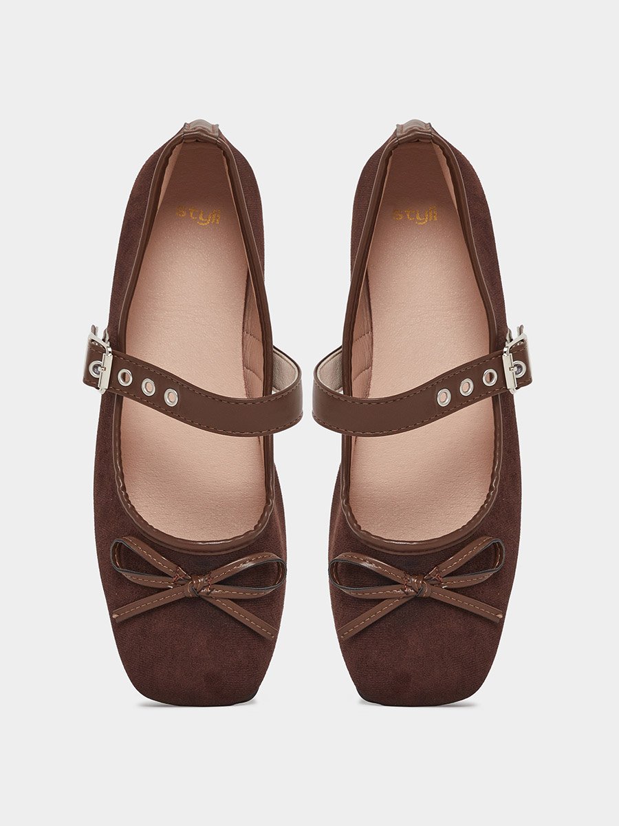 Brown Square Toe Suede Look Ballerinas