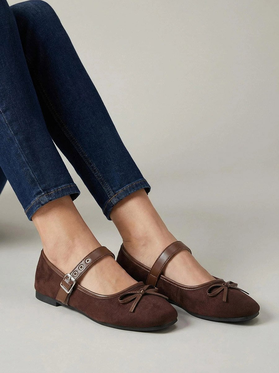 Brown Square Toe Suede Look Ballerinas