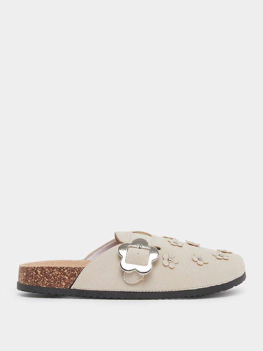 Beige Floral Buckle Mules