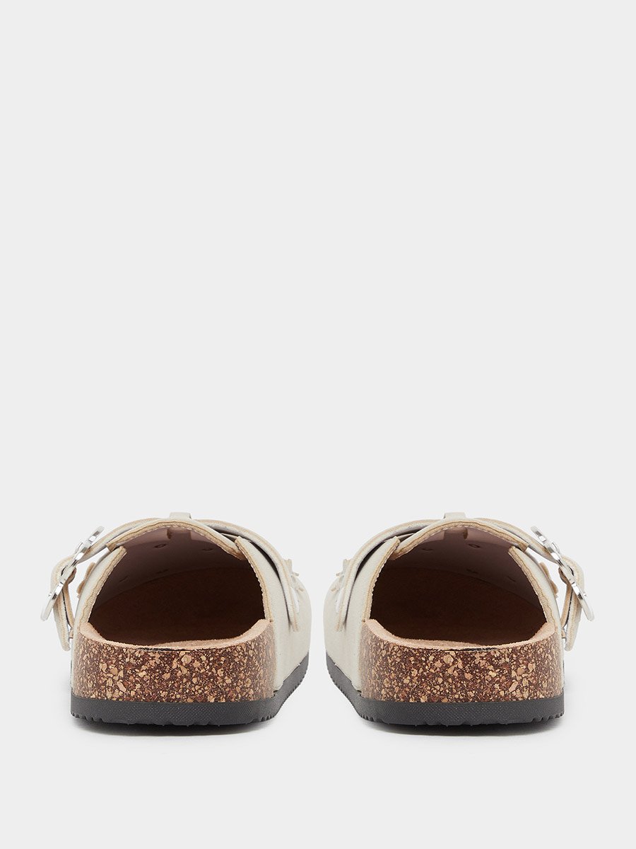 Beige Floral Buckle Mules