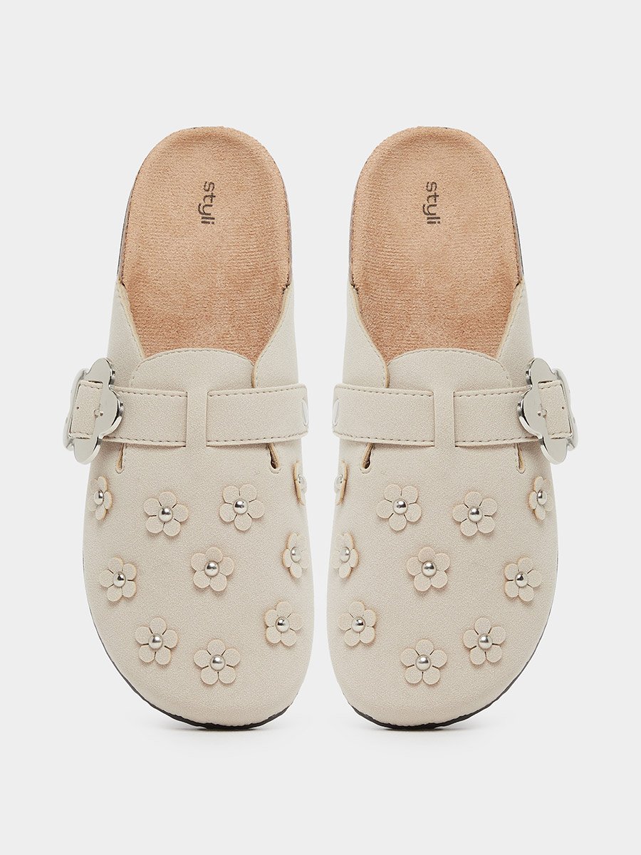 Beige Floral Buckle Mules