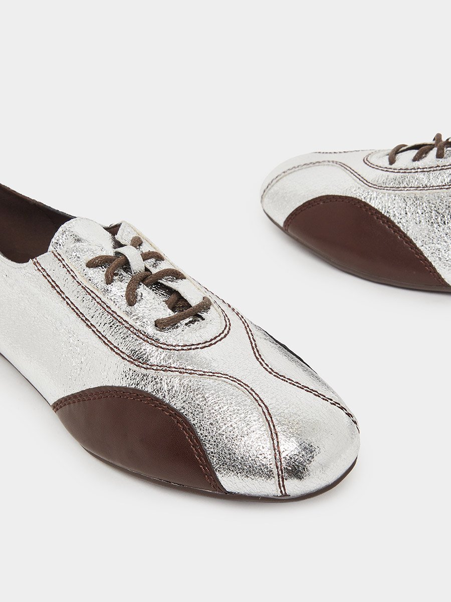 Silver Metallic Oxford Flat Shoes