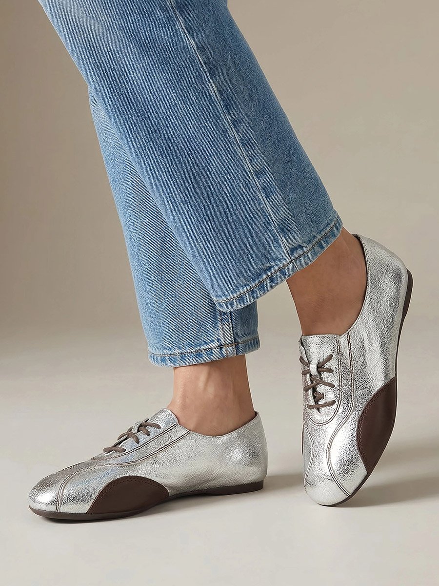 Silver Metallic Oxford Flat Shoes