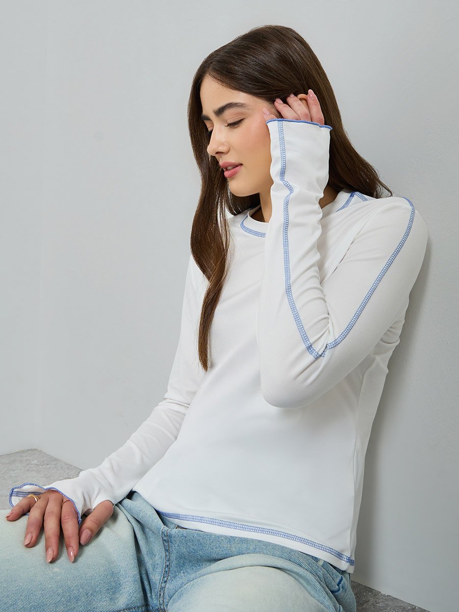 White Overlock Stitch Detail T-Shirt