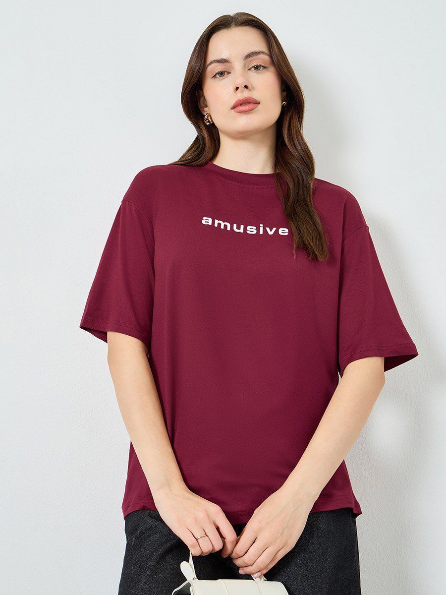 Burgundy Slogan Print Oversized T-Shirt