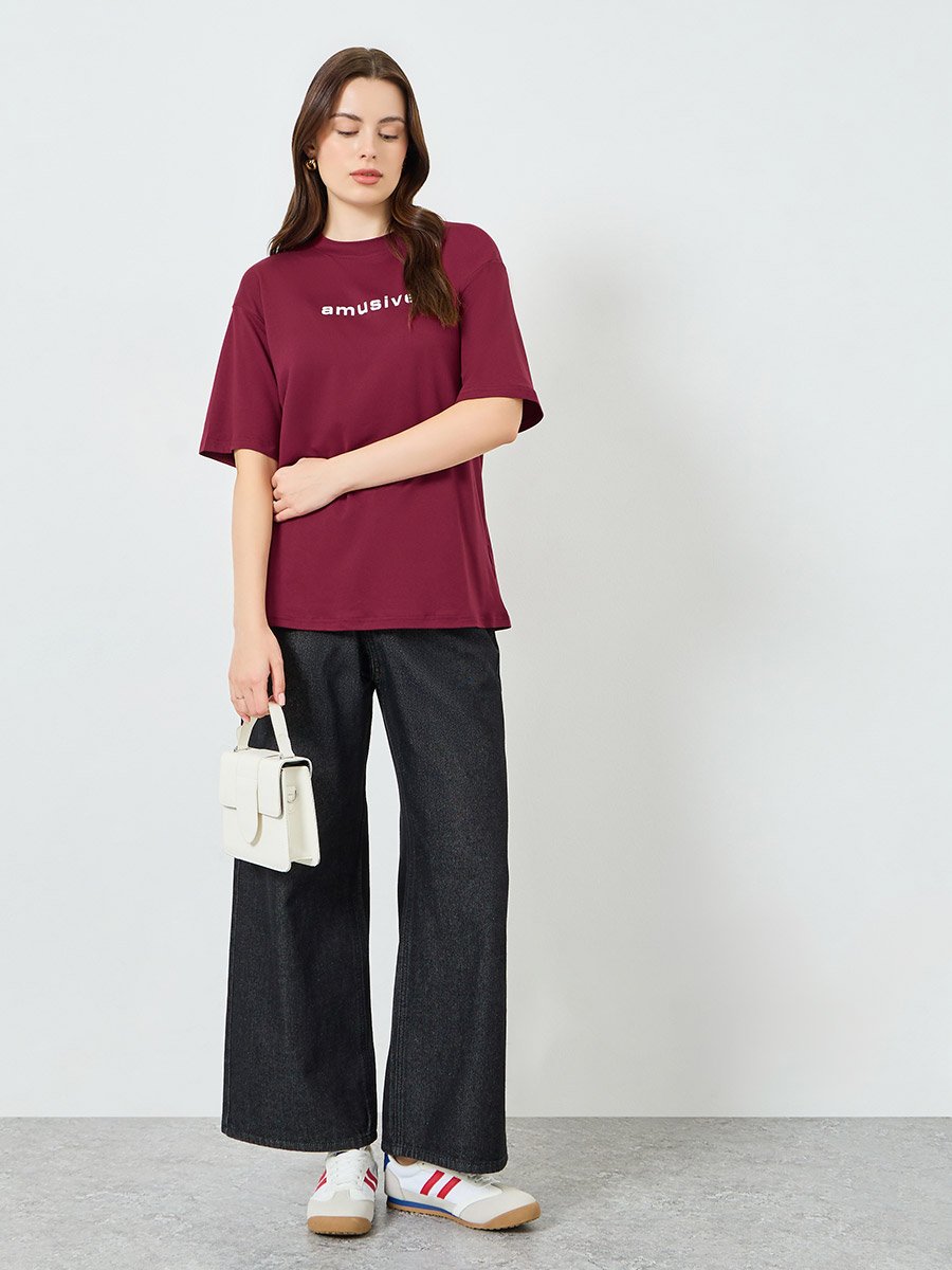 Burgundy Slogan Print Oversized T-Shirt