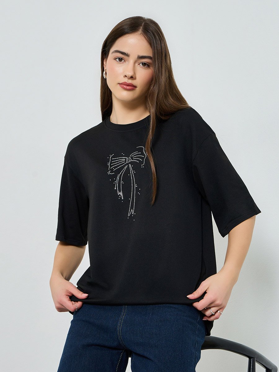 Black Studded Bow Detail Oversized T-Shirt