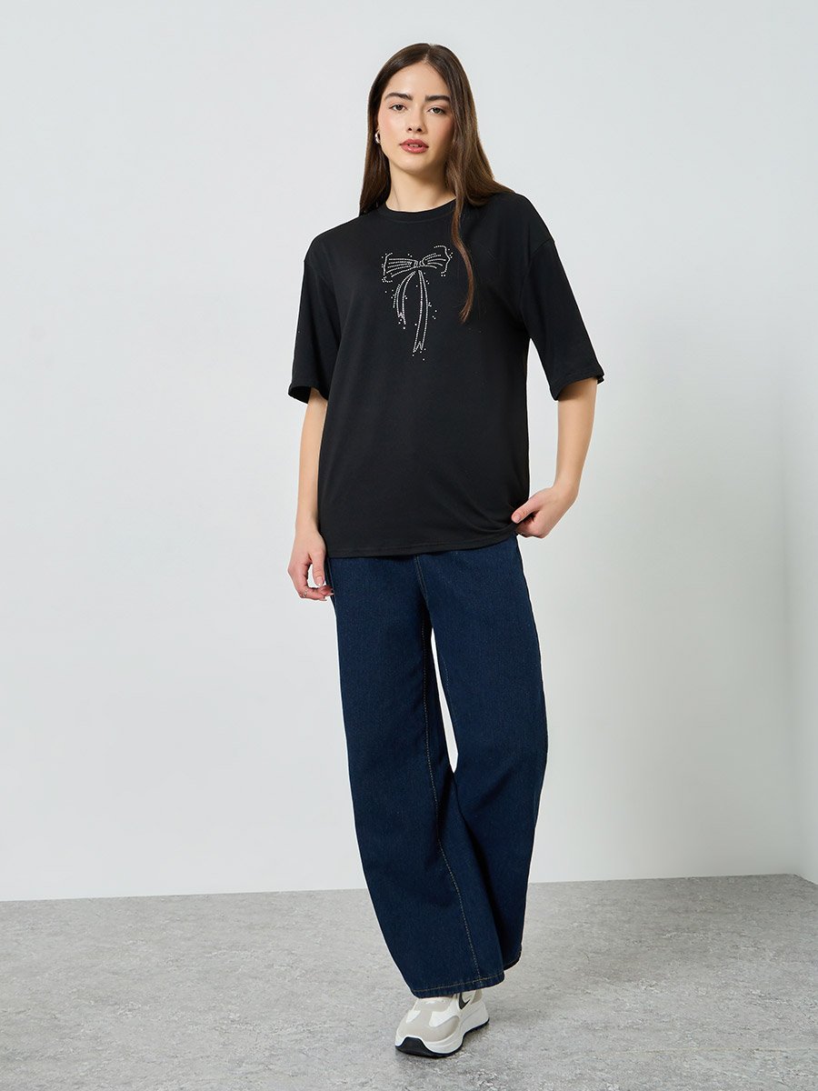 Black Studded Bow Detail Oversized T-Shirt