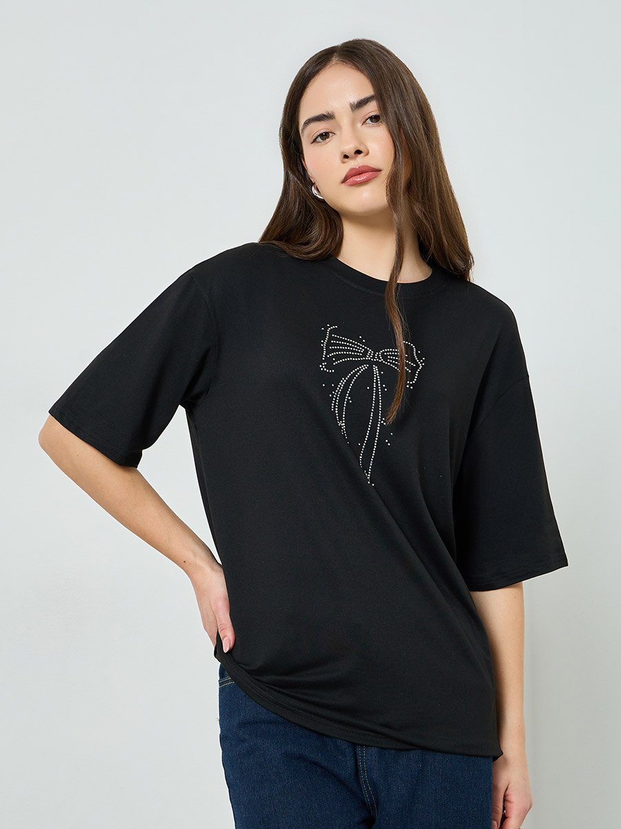 Black Studded Bow Detail Oversized T-Shirt