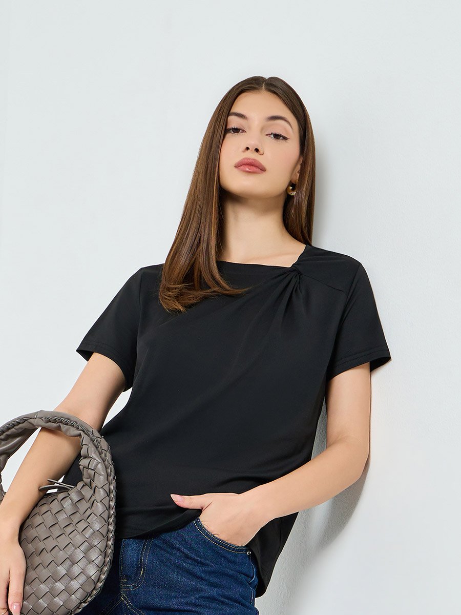 Black Asymmetric Neck Knit T-Shirt