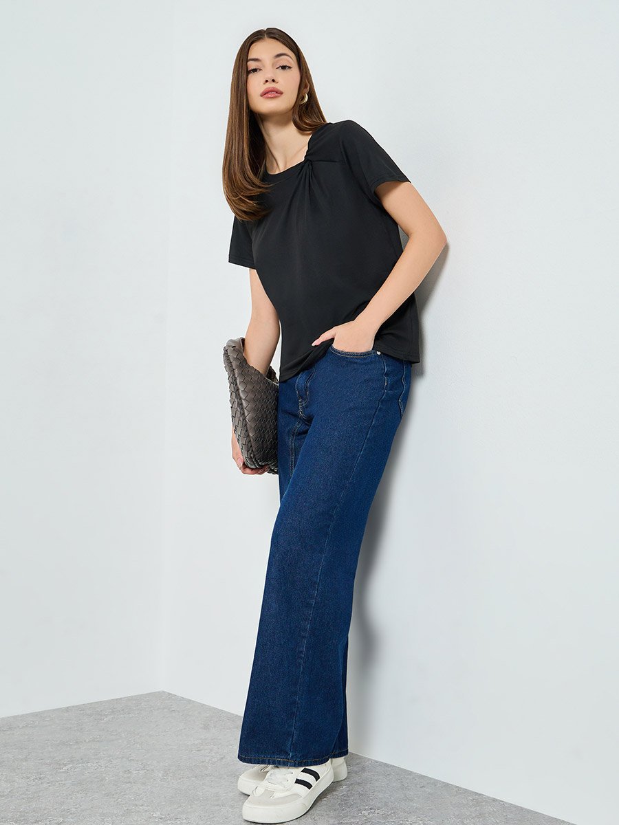 Black Asymmetric Neck Knit T-Shirt