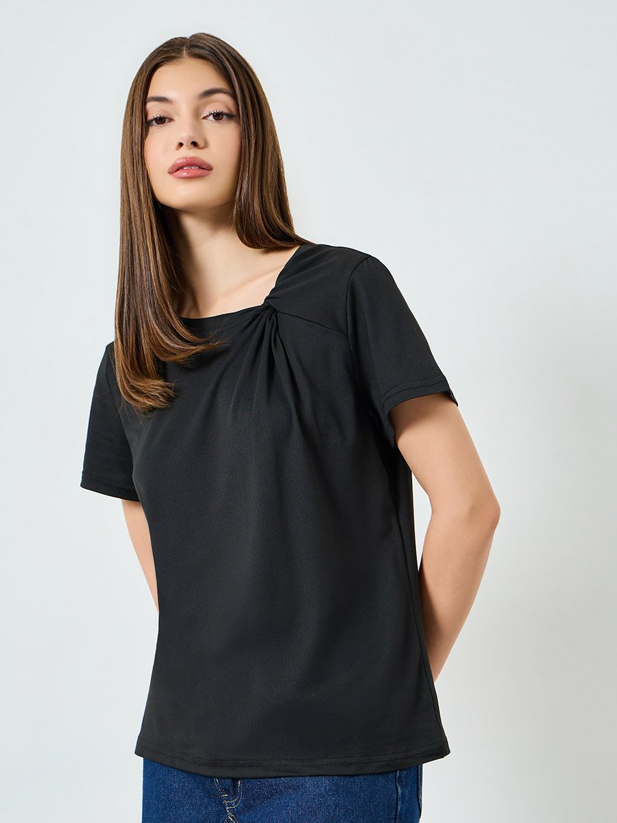 Black Asymmetric Neck Knit T-Shirt