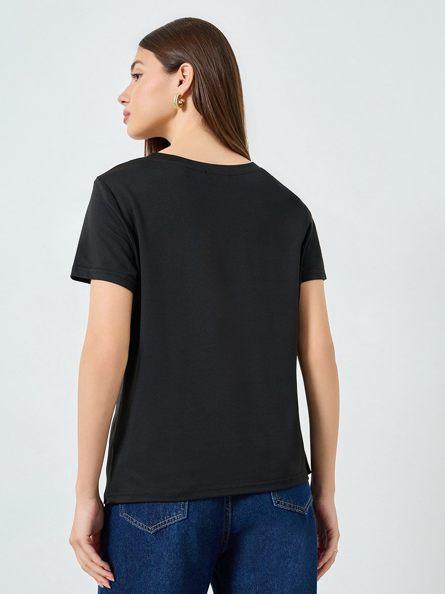 Black Asymmetric Neck Knit T-Shirt