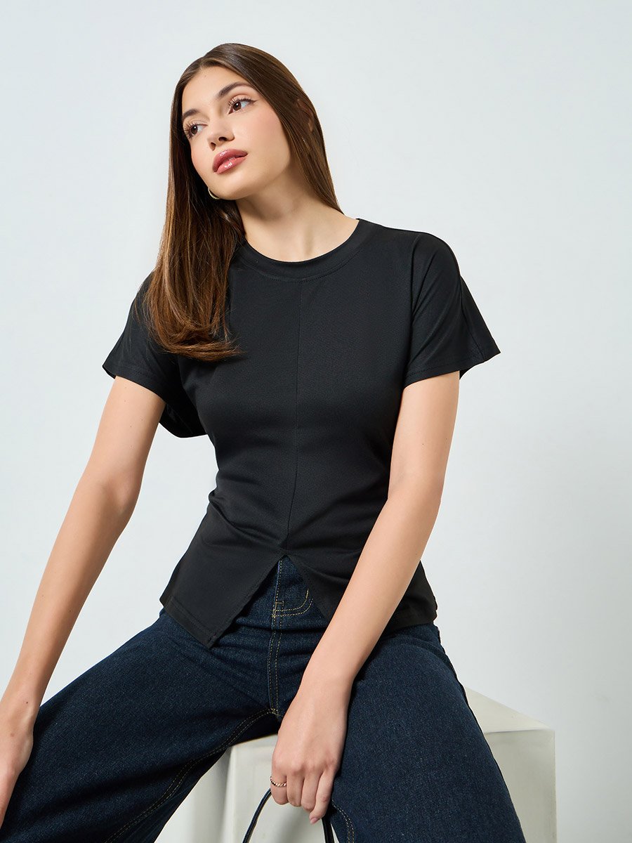 Black Split Hem Round Neck T-Shirt