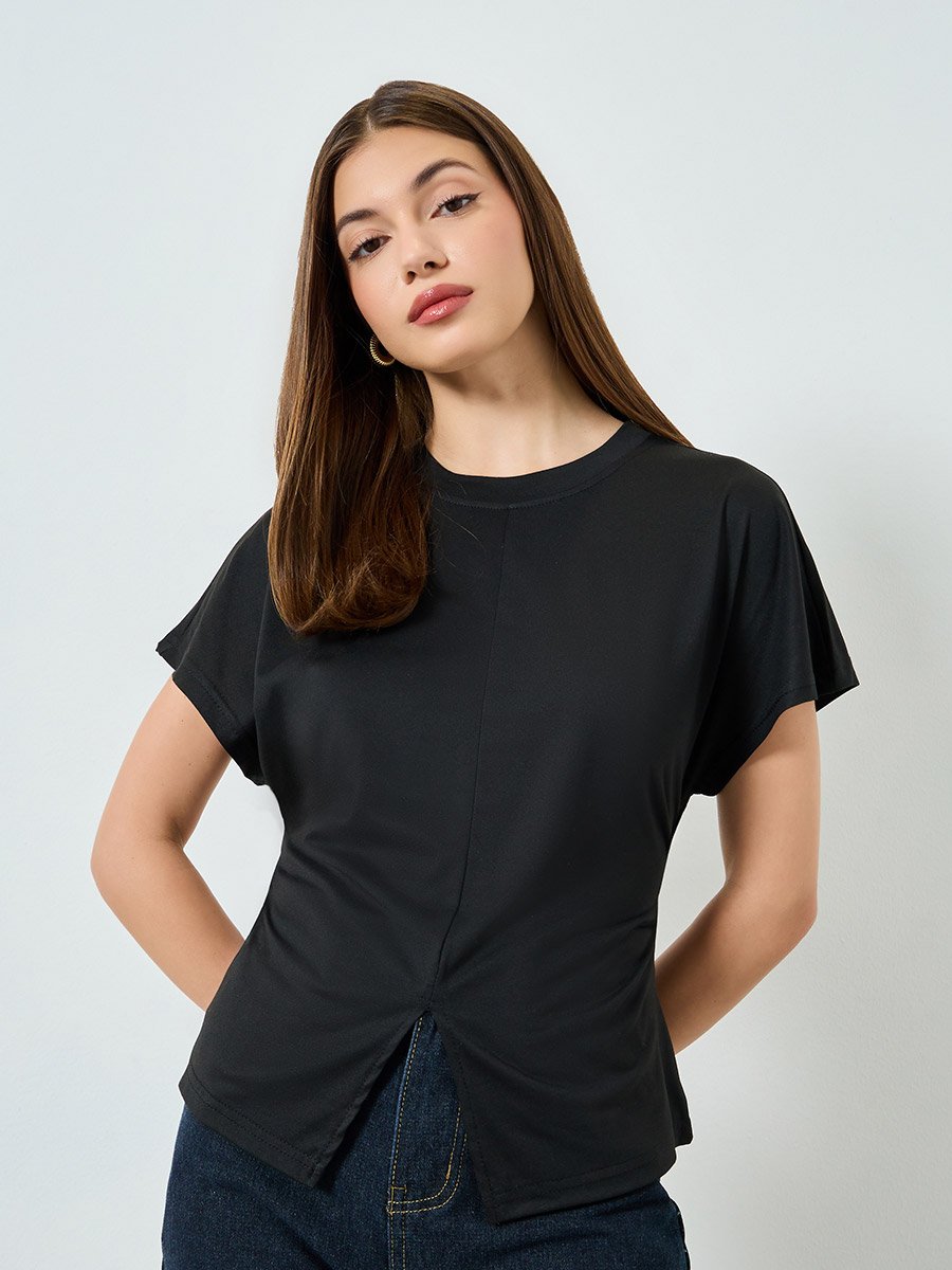 Black Split Hem Round Neck T-Shirt
