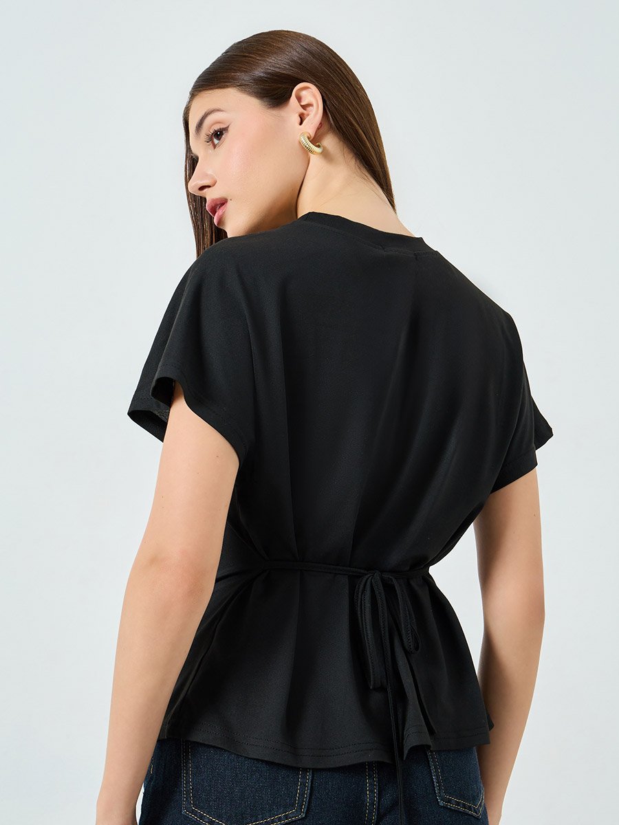 Black Split Hem Round Neck T-Shirt