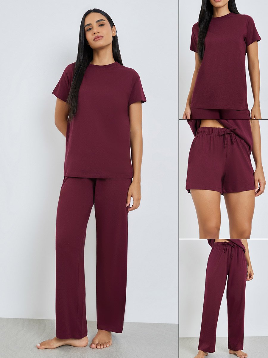 Pack of 3 - Solid Short Sleeve T-Shirt, Shorts and Pyjama Set