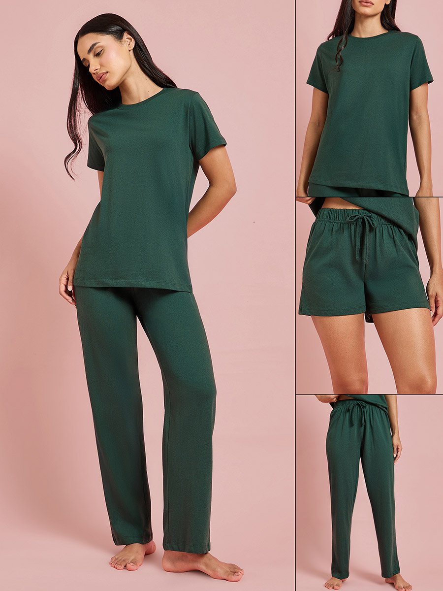 Pack of 3 - Solid Short Sleeve T-Shirt, Shorts and Pyjama Set