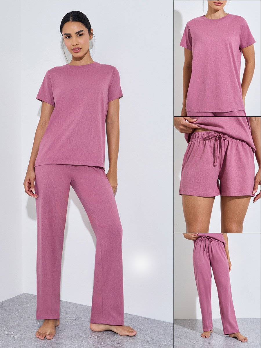 Pack of 3 - Solid Short Sleeve T-Shirt, Shorts and Pyjama Set