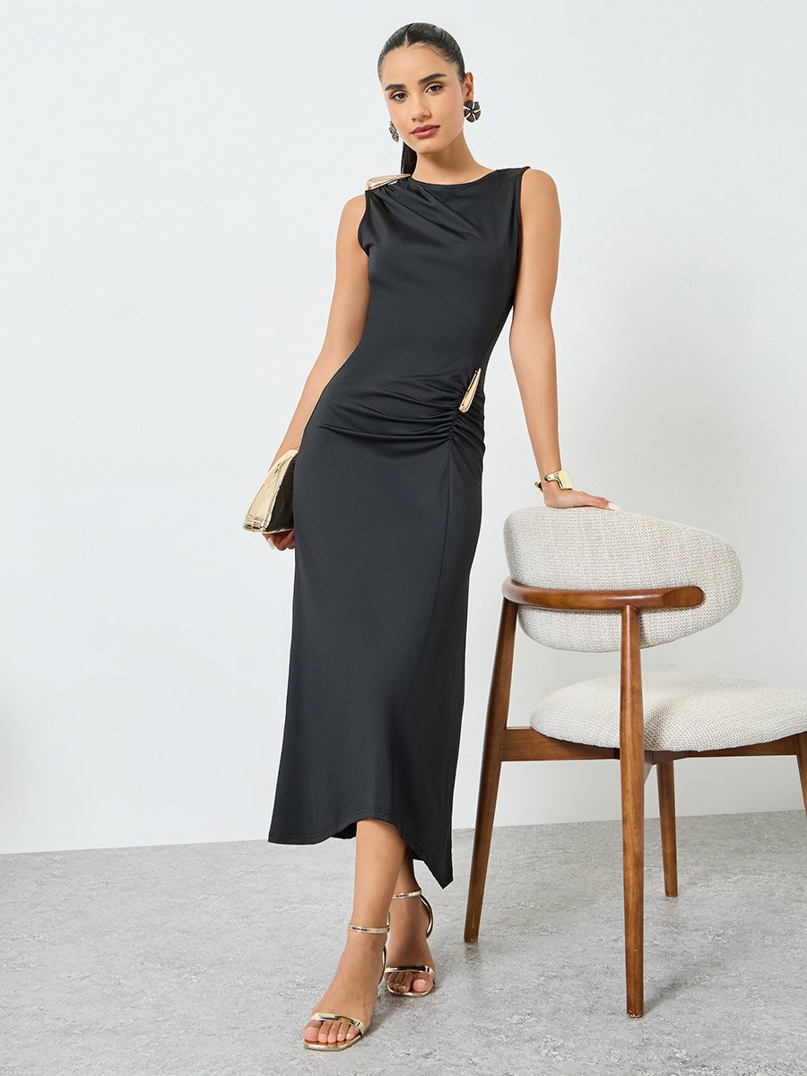 Black Sleeveless Draped Ruched Maxi Dress